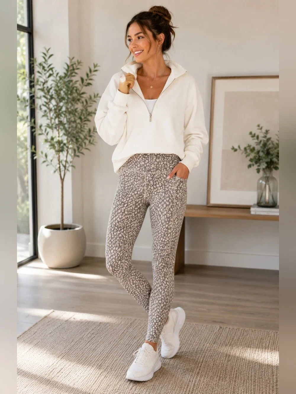 🌿 Hurley High Rise Printed Performance Leggings Size Large Gray Cream Athleisur